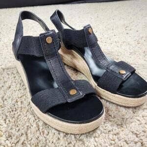 NEW Vionic Calera Black Leather Espadrille Wedges Size 9